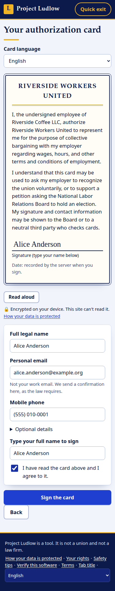 An authorization card with a double rule, the union's name, the card text and a typed signature