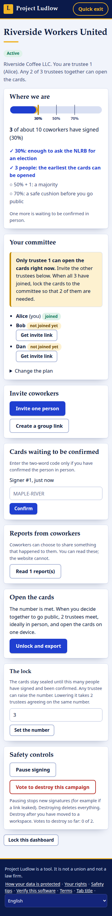 The trustee dashboard showing the committee, invitation links and the lock