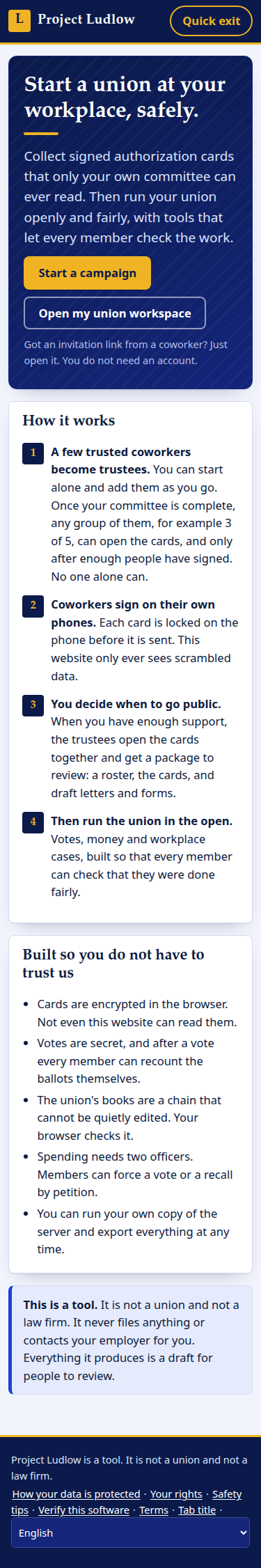 The home page: a navy banner reading Start a union at your workplace, safely, with a gold Start a campaign button
