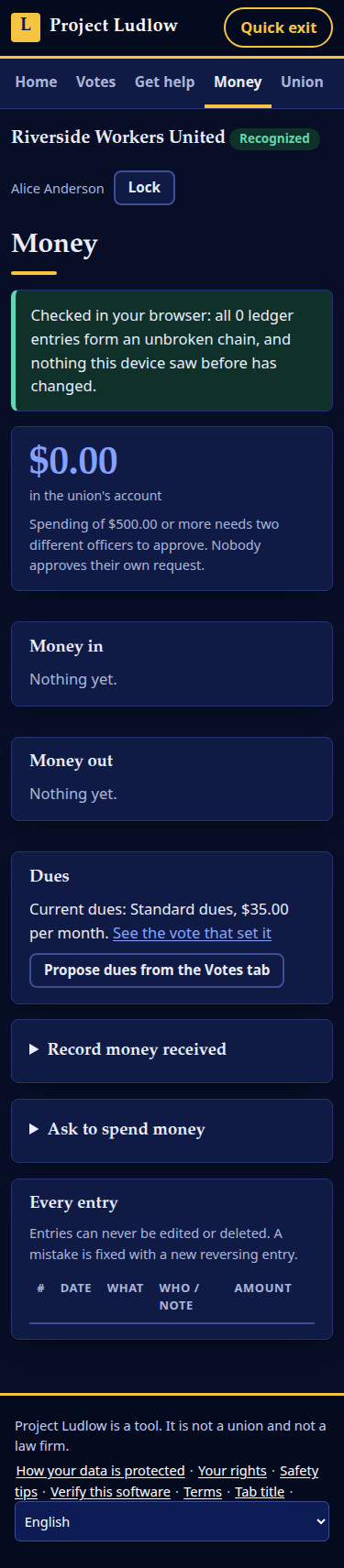 The money page in dark mode, showing the ledger checked in the browser as an unbroken chain