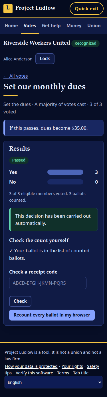 Results of a secret-ballot vote in dark mode, with a button to recount every ballot in the browser